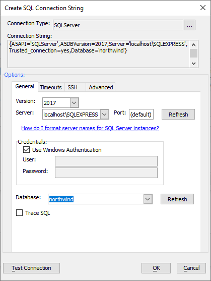 Configuring SQL Server connection string. This is image shows a configuration for connecting to a SQL Server Express instance. The Northwind database in this SQL Server instance is named "northwind".
